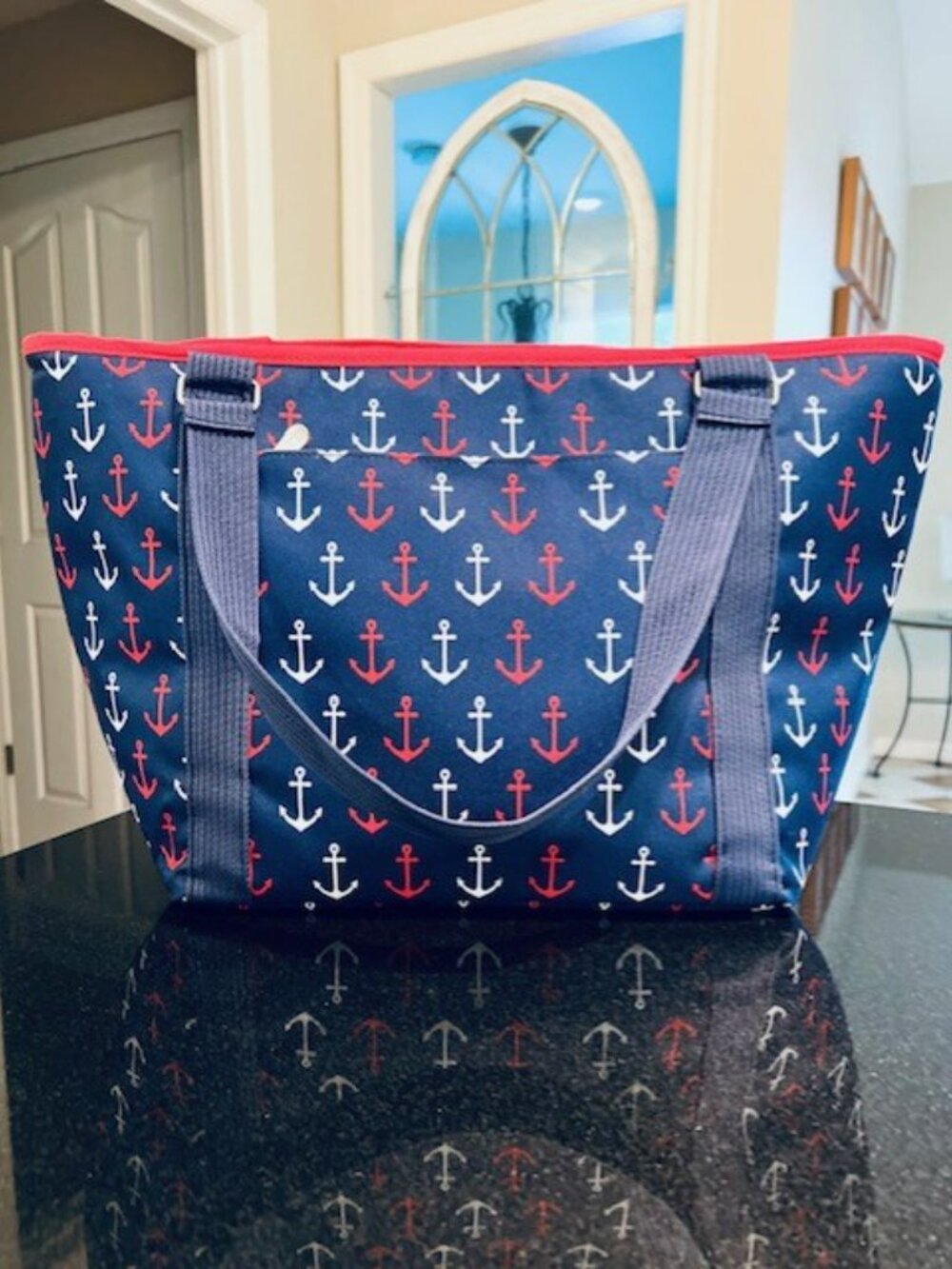Picnic Time Insulated Zipper Tote Bag Navy Blue Nautical Anchor Print - Like New